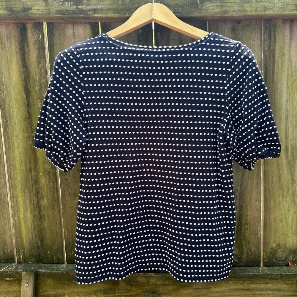 LOFT Navy Blue White Polka Dot‎ Textured Jacquard Short Sleeve Sz Small Nautical